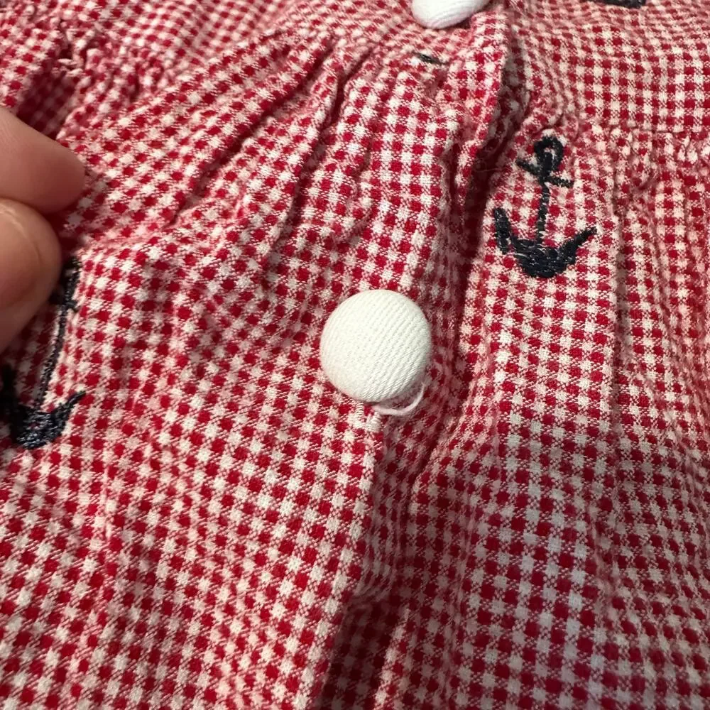Vintage 90s Funtasia! Too Dallas Embroidered Red Gingham Anchor Sailor Dress S 4